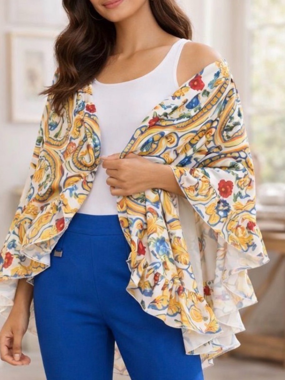 Printed Floral Wrap Shrug - White & Yellow